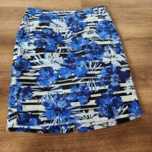 ANN TAYLOR LOFT Black White Blue FLORAL Knee Length SKIRT